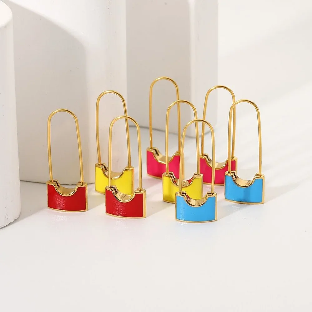 Pink Safety Pin Lock Dangle Earrings 18k Gold Stainless Steel - Picture 6 of 7